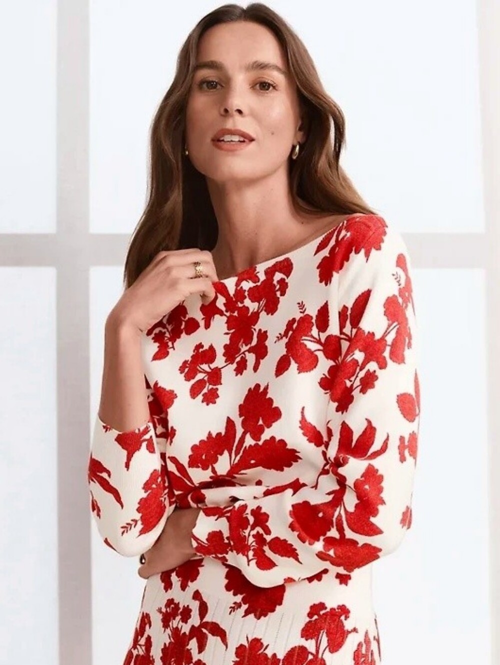 Ann Taylor Tropical Slash Neck Sweater bright cherry red floral women's Size XL